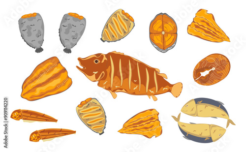 Set of vector banner illustrations. Cute icons. Delicious food. Thai food. Fried fish. Fried mackerel. Fried gourami. Golden yellow. Cooking from a top view. Recipe. Menu. Restaurant for food design. 