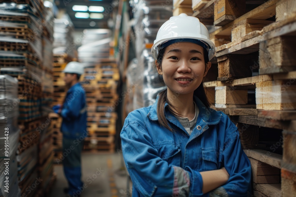 A woman in a blue work uniform stands in front of a stack of pallets. She is smiling and wearing a hard hat A woman in a blue work uniform stands in front of a stack of pallets. She is smiling and wearing a hard hat
