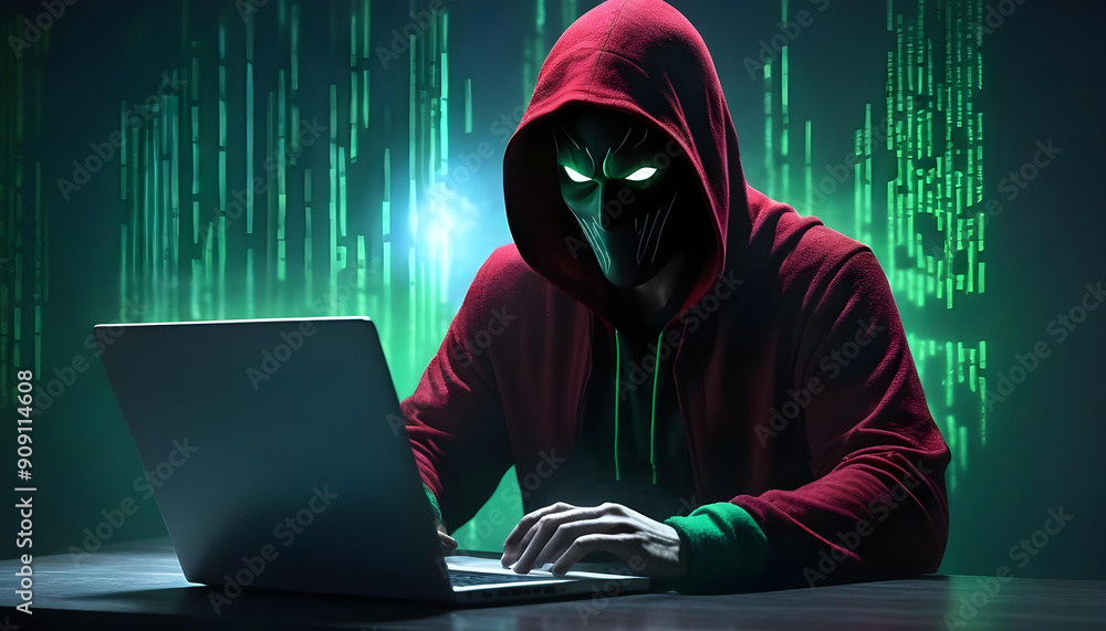 Hooded Figure with Glowing Eyes Using Laptop in Dark Room Hooded Figure with Glowing Eyes Using Laptop in Dark Room