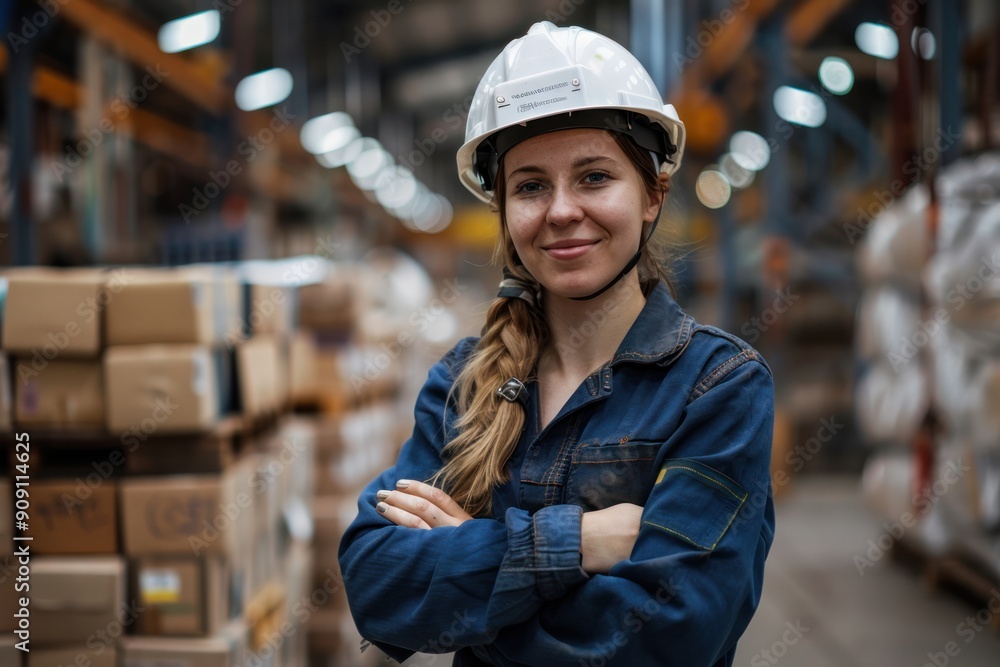 A woman wearing a hard hat and blue jacket stands in front of a stack of boxes. She is smiling and she is proud of her work A woman wearing a hard hat and blue jacket stands in front of a stack of boxes. She is smiling and she is proud of her work