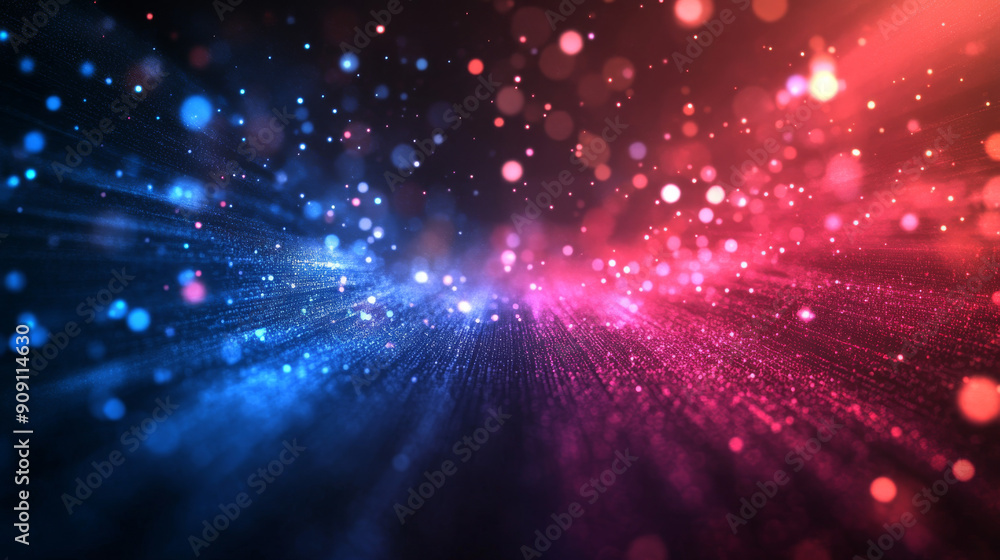 Fototapeta premium Abstract image showcasing dynamic red and blue digital light streaks with bokeh effects, creating a futuristic and high-tech atmosphere. 