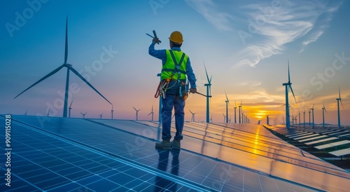 Sunset Over Wind Turbines and Solar Panels With Worker on Rooftop in Renewable Energy Fields