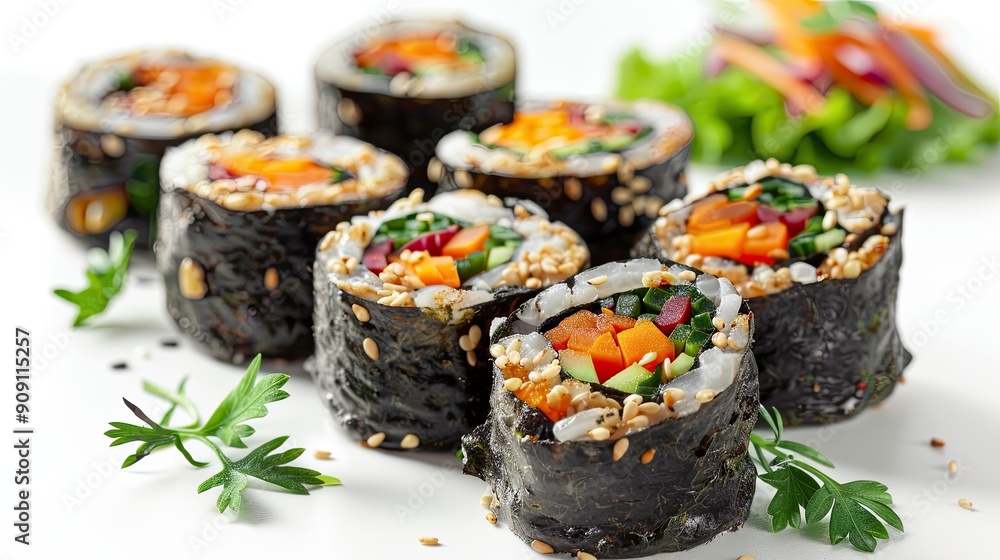 Yuba tofu skin sushi rolls with delicate textures and fresh vegetable fillings, isolated on white background Yuba tofu skin sushi rolls with delicate textures and fresh vegetable fillings, isolated on white background