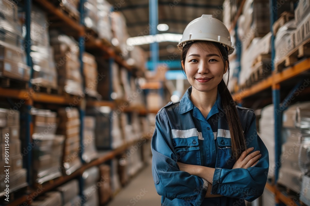 A woman wearing a hard hat and blue work clothes stands in a warehouse. She is smiling and looking at the camera A woman wearing a hard hat and blue work clothes stands in a warehouse. She is smiling and looking at the camera