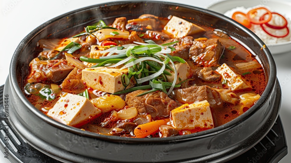 Spicy kimchi jjigae stew with tofu, vegetables, and pork, isolated on white background Spicy kimchi jjigae stew with tofu, vegetables, and pork, isolated on white background