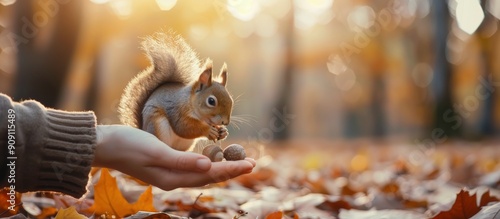 Squirrel Eating Nuts From Hand in Autumn Park