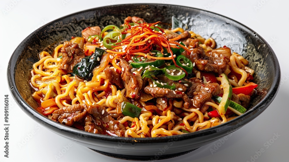 Jjajangmyeon noodles in black bean sauce with pork and vegetables, isolated on white background Jjajangmyeon noodles in black bean sauce with pork and vegetables, isolated on white background