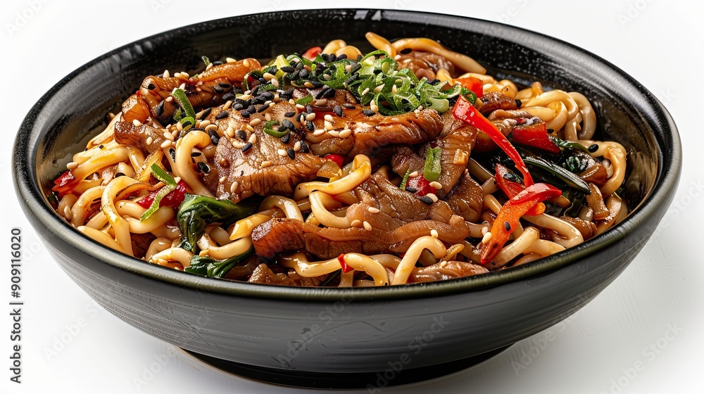 Jjajangmyeon noodles in black bean sauce with pork and vegetables, isolated on white background Jjajangmyeon noodles in black bean sauce with pork and vegetables, isolated on white background