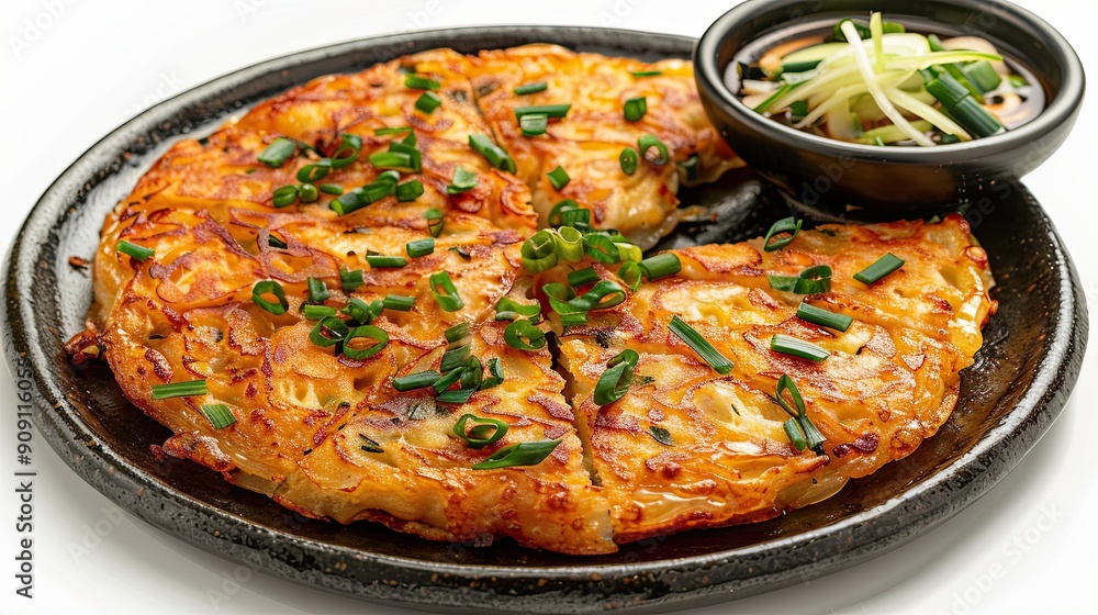 Haemul pajeon seafood pancake with green onions and a soy dipping sauce, isolated on white background Haemul pajeon seafood pancake with green onions and a soy dipping sauce, isolated on white background