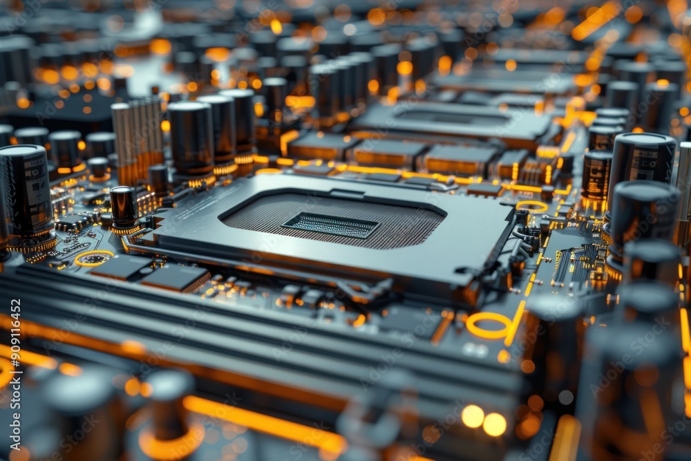 A close up of a computer chip with a lot of orange and black parts. The chip is very detailed and has a lot of small parts A close up of a computer chip with a lot of orange and black parts. The chip is very detailed and has a lot of small parts