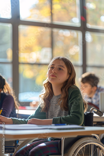 Teenage girl sitting in a wheelchair in a classroom. Disabled children education photo