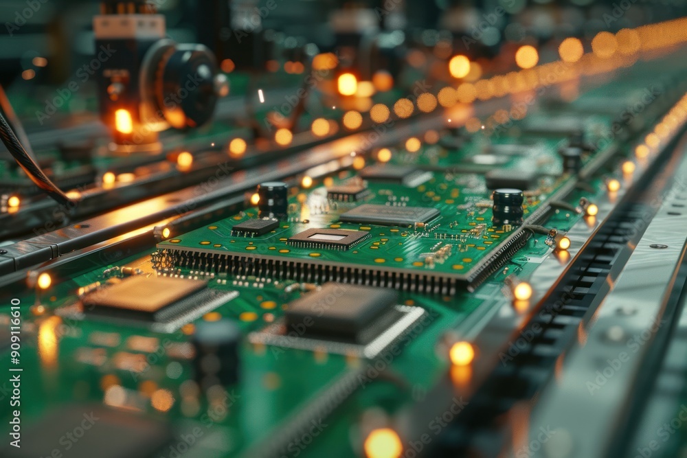 Obraz premium A computer chip is being manufactured in a factory. The image is a close up of the chip, showing the intricate details of the circuit board. Scene is one of precision and complexity