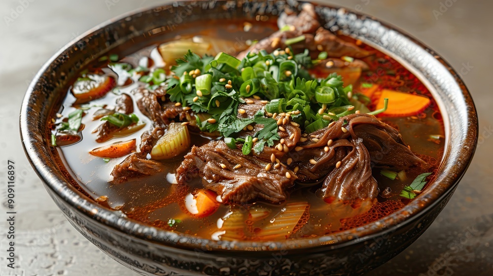 Yukgaejang spicy beef soup with shredded beef and vegetables, isolated on white background Yukgaejang spicy beef soup with shredded beef and vegetables, isolated on white background