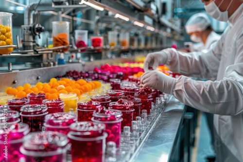 A man in a white lab coat is working on a line of jars filled with fruit. The jars are in various colors, including red, orange, and yellow. The man is wearing gloves and he is focused on his work