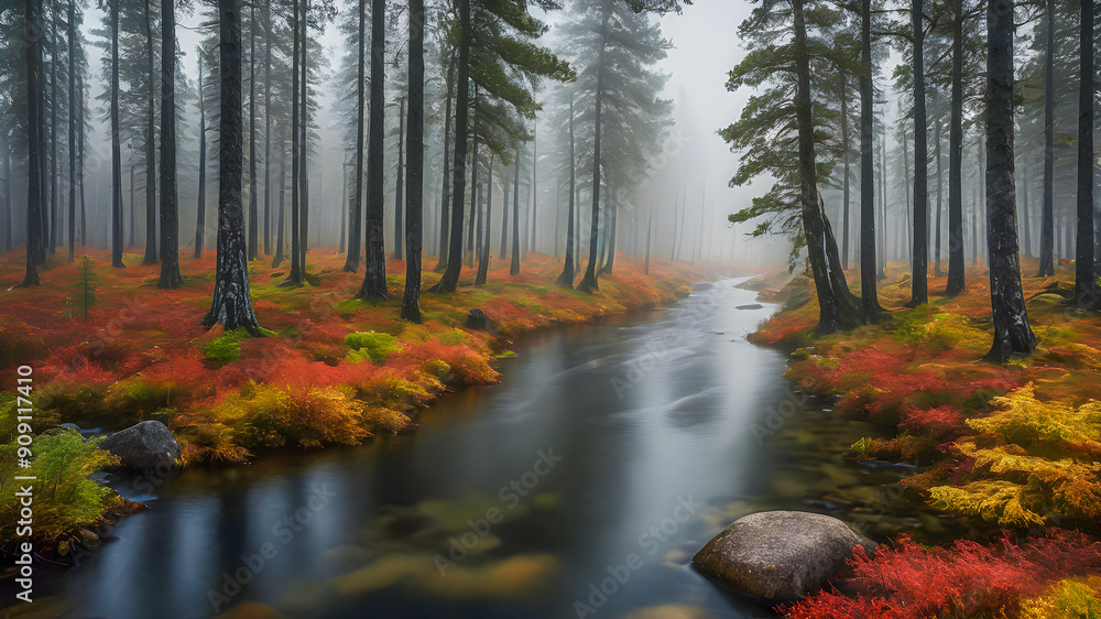 Obraz premium Autumn creek woodland. Sunny red yellow trees foliage rocks in forest mountain. Idyllic garden park landscape, beautiful seasonal autumn nature. Amazing dream scenic colorful outdoor inspire. AI gen