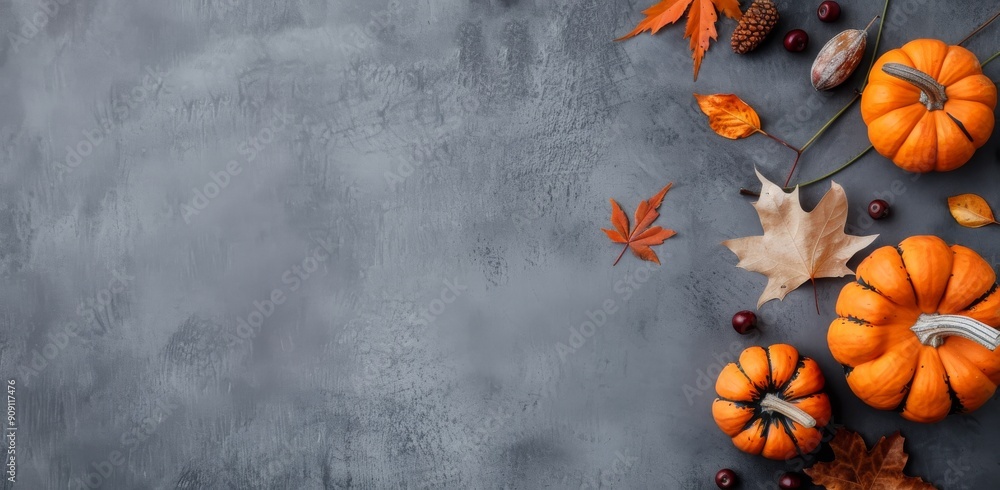 Autumn Pumpkins and Colorful Leaves on a Dark Textured Surface Autumn Pumpkins and Colorful Leaves on a Dark Textured Surface