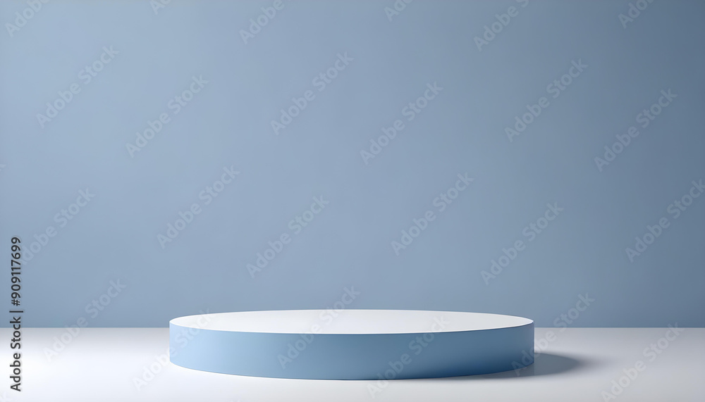 A single blue circular podium on a white surface with a blue background A single blue circular podium on a white surface with a blue background