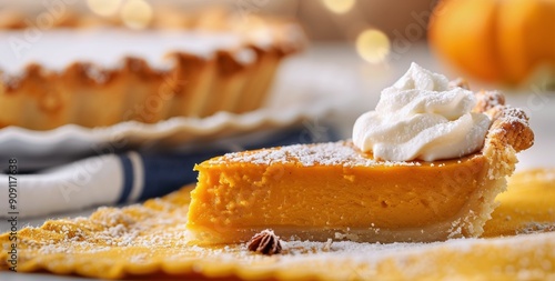 Delicious Pumpkin Pie Slice With Whipped Cream and Autumn Background