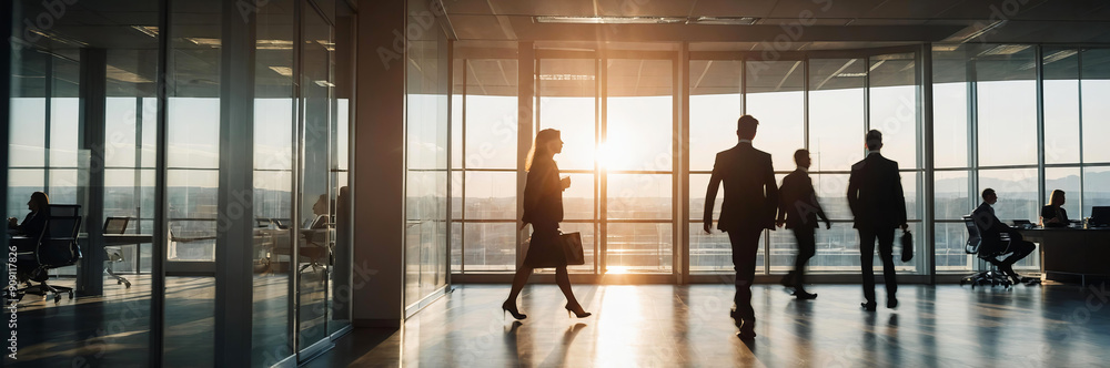 Blurred motion of businesswoman and businessman walking at modern office space. Back view. Work process Blurred motion of businesswoman and businessman walking at modern office space. Back view. Work process