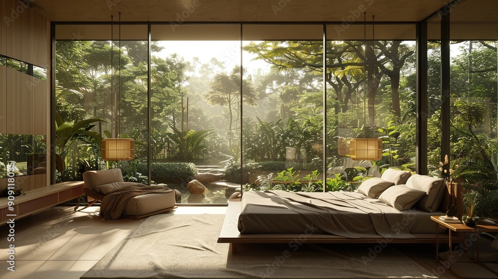 Fototapeta premium A modern bedroom with a serene garden view, featuring floor-to-ceiling windows, natural materials, and a tranquil color scheme.