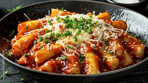 Cheese tteokbokki with melted cheese on top of spicy rice cakes, isolated on white background photo