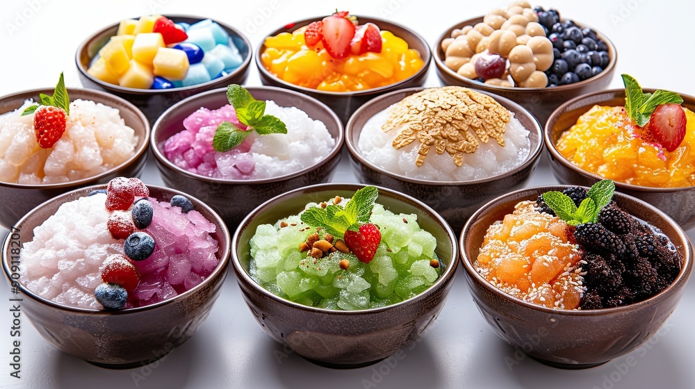 Patbingsu shaved ice dessert with various toppings like mochi and fruit, isolated on white background Patbingsu shaved ice dessert with various toppings like mochi and fruit, isolated on white background