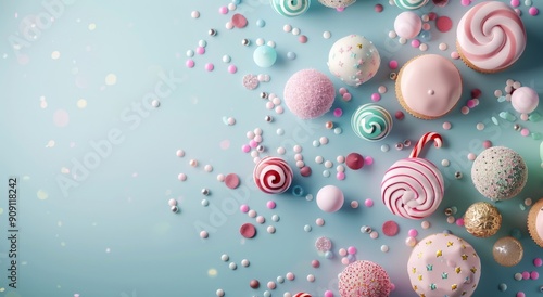 Colorful Candy Spheres and Sprinkles Floating Against a Turquoise Background