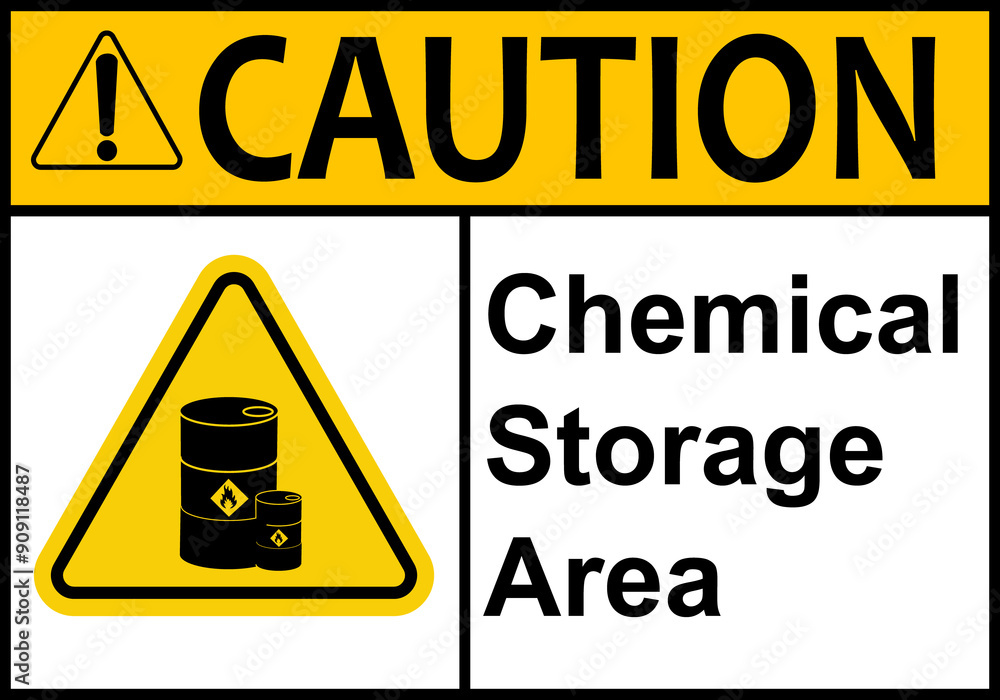 Chemical storage area sign. Warning of danger near warehouses and containers with chemicals. Dangerous to health. Entry only for authorized personnel in personal protective equipment. Chemical storage area sign. Warning of danger near warehouses and containers with chemicals. Dangerous to health. Entry only for authorized personnel in personal protective equipment.