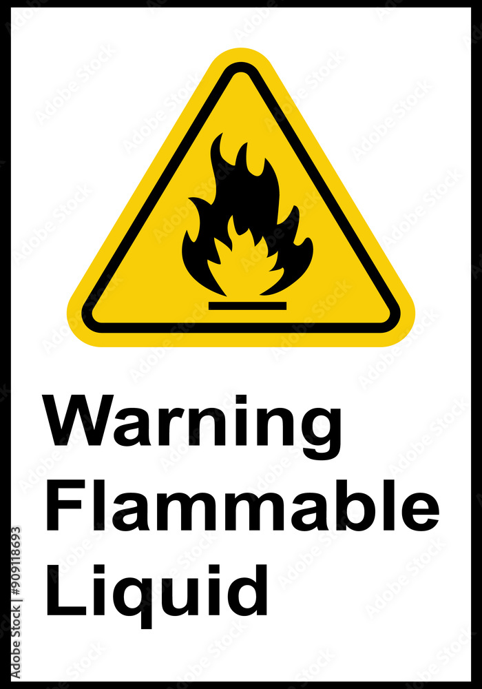 Obraz premium Fire sign. Flammable combustible materials. Fuel fire hazard. Do not smoke near diesel, petrol, gas. Warning of fire hazard and the need to observe safety measures. Flammable materials work area.