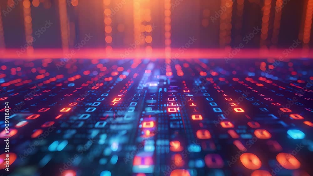 Abstract digital background with glowing binary code in blue and red. Abstract digital background with glowing binary code in blue and red.