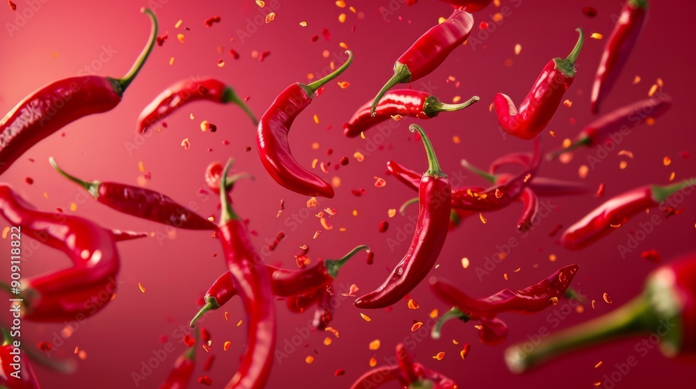 A scene with multiple red chili peppers suspended in the air, surrounded by scattered chili flakes, all set against a vibrant red backdrop creating a sense of spiciness. A scene with multiple red chili peppers suspended in the air, surrounded by scattered chili flakes, all set against a vibrant red backdrop creating a sense of spiciness.