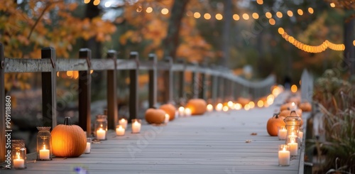 Festive Pumpkin Display on a Bridge During Autumn Evening