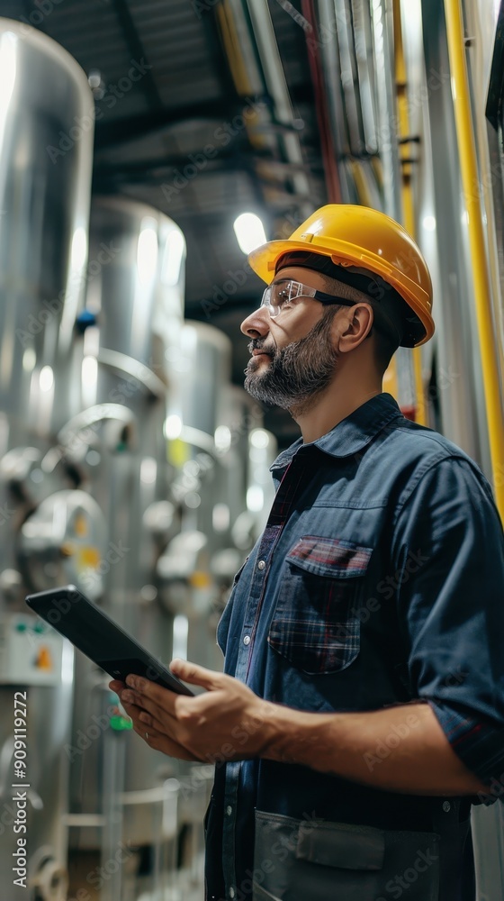 A worker evaluates industrial machinery while using a tablet for monitoring operations A worker evaluates industrial machinery while using a tablet for monitoring operations