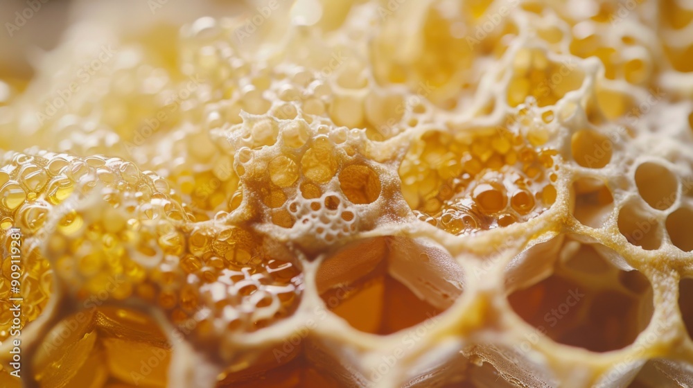 A stunning macro shot of honeycomb structures, bathed in a golden glow that brings out the rich textures and beauty of the hexagonal shapes and natural sweet substance within. A stunning macro shot of honeycomb structures, bathed in a golden glow that brings out the rich textures and beauty of the hexagonal shapes and natural sweet substance within.