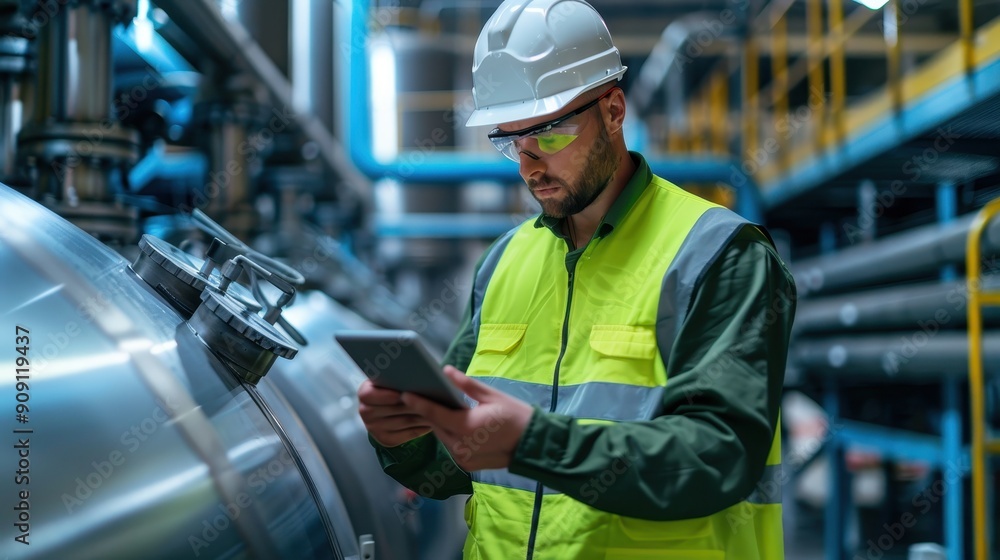 A worker in safety gear checks data on a tablet while observing machinery in an industrial facility A worker in safety gear checks data on a tablet while observing machinery in an industrial facility