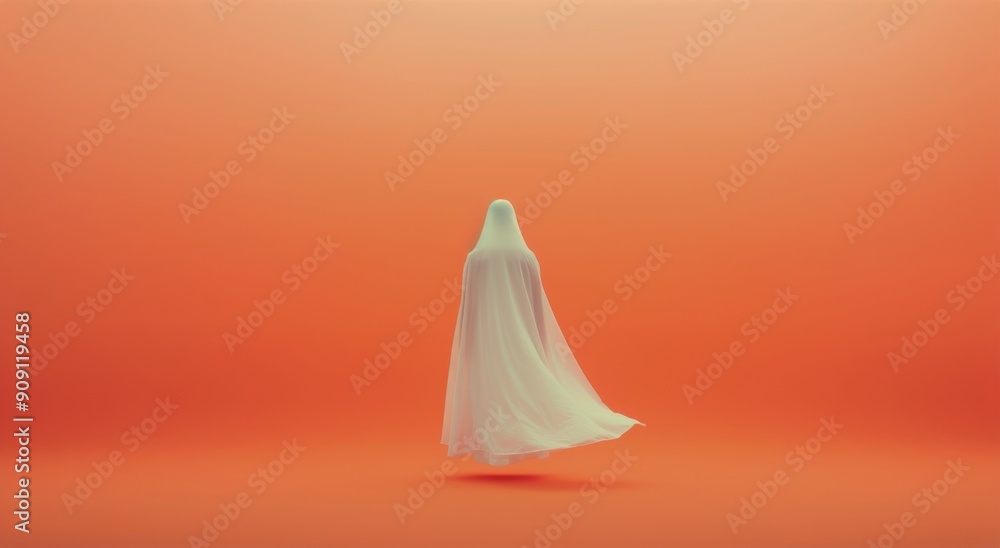 Ethereal Figure Floating Against Vibrant Orange Background Ethereal Figure Floating Against Vibrant Orange Background