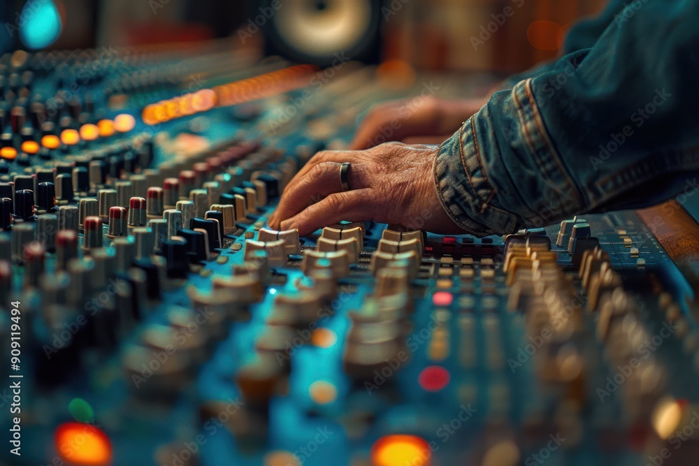 A person is playing a keyboard with a hand on it. Concept of creativity and passion for music. The person's hand is on the keyboard A person is playing a keyboard with a hand on it. Concept of creativity and passion for music. The person's hand is on the keyboard