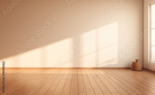 Room interior empty space background mock up, sunlight and shadows room walls, cozy summer warm pot photo