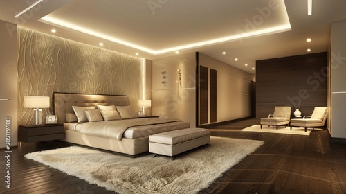 A modern bedroom with a serene, spa-like atmosphere, featuring neutral tones, soft lighting, and luxurious bedding.