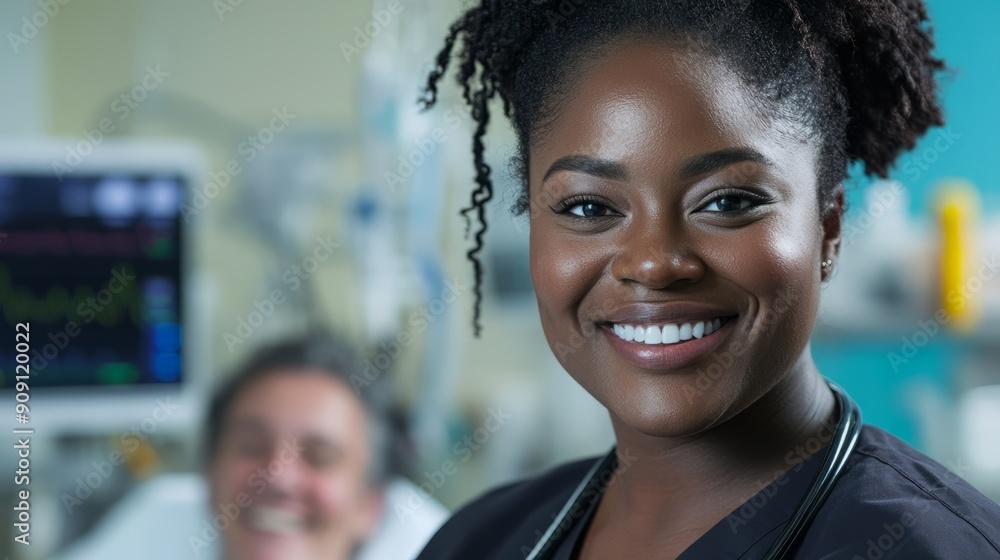 Obraz premium Cheerful nurse smiling at the camera in a hospital setting, showcasing compassion and professionalism in healthcare.