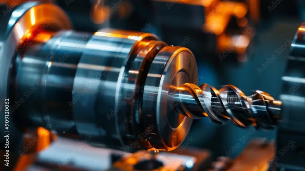 CNC turning production of technological parts for shaft with impeller. Heavy industry background, machine for cut metal CNC turning production of technological parts for shaft with impeller. Heavy industry background, machine for cut metal