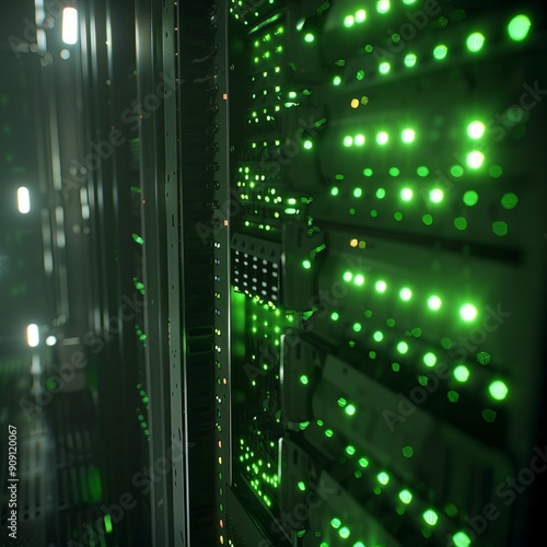 Bright Green Server Lights Indicating Activity Inside Data Center During Night Operations