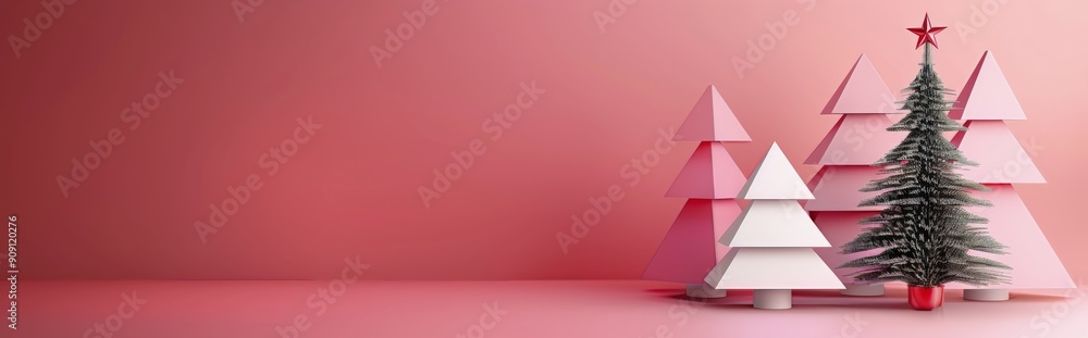 Obraz premium Pink Paper Christmas Tree With Decorative Orbs on a Bold Red Background