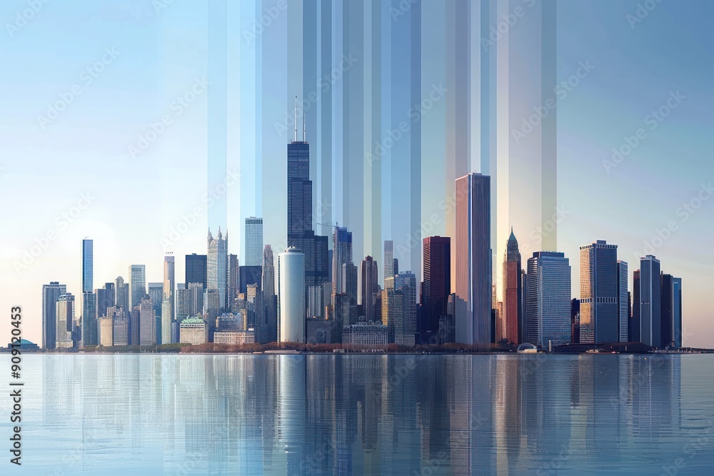 Naklejka premium Time-Lapse Cityscape with Vertical Stripes of Sky