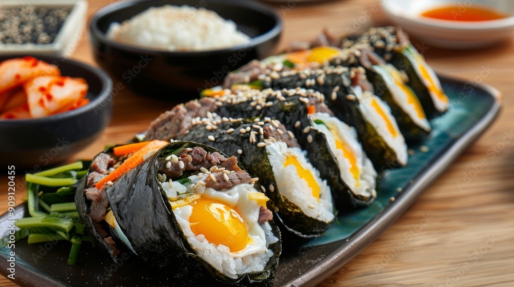 A plate of Korean gimbap rolls, made with rice, seaweed, vegetables, eggs, and meat, is garnished with sesame seeds and surrounded by side dishes, ready to be enjoyed. A plate of Korean gimbap rolls, made with rice, seaweed, vegetables, eggs, and meat, is garnished with sesame seeds and surrounded by side dishes, ready to be enjoyed.