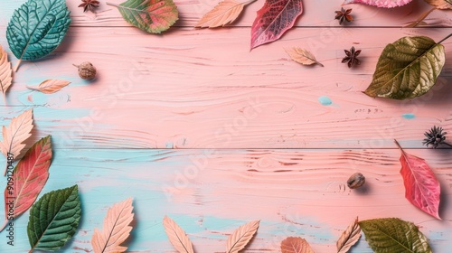 Autumn Leaves and Star Anise on a Pastel Pink and Blue Wooden Background photo