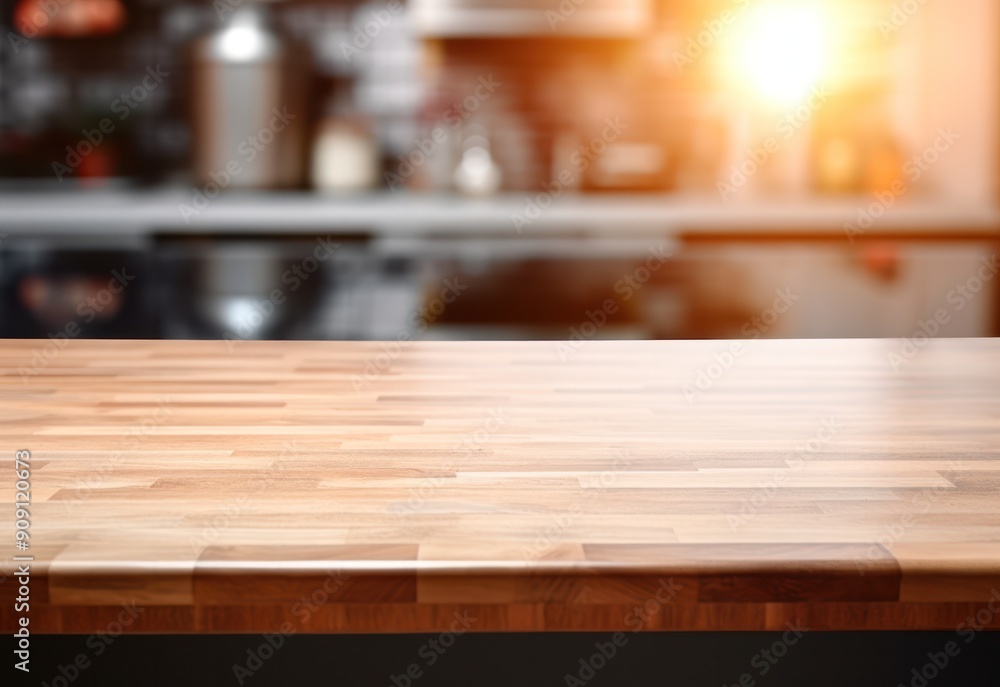 Wood tabletop over defocused kitchen with copy space blur background and window sunlight spot Wood tabletop over defocused kitchen with copy space blur background and window sunlight spot