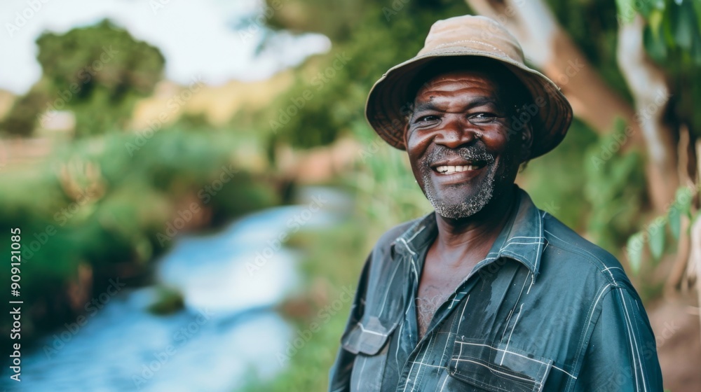 An elderly man with a kind and bright smile wearing a hat stands beside a gentle flowing river surrounded by greenery, capturing a moment of pure joy and contentment. An elderly man with a kind and bright smile wearing a hat stands beside a gentle flowing river surrounded by greenery, capturing a moment of pure joy and contentment.