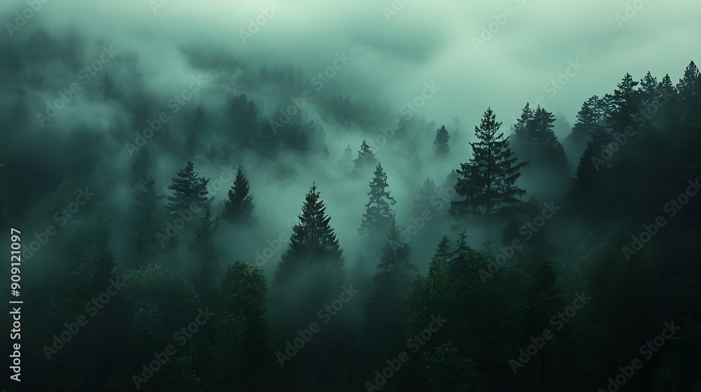 A dense forest shrouded in mist, with dark green trees standing tall against the backdrop of rolling hills A dense forest shrouded in mist, with dark green trees standing tall against the backdrop of rolling hills