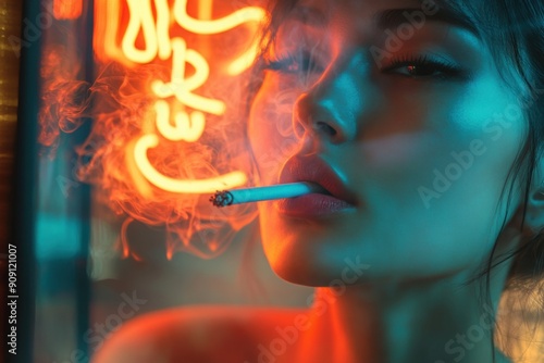 Femme fatale smoking by a neon-lit window, with copy space photo